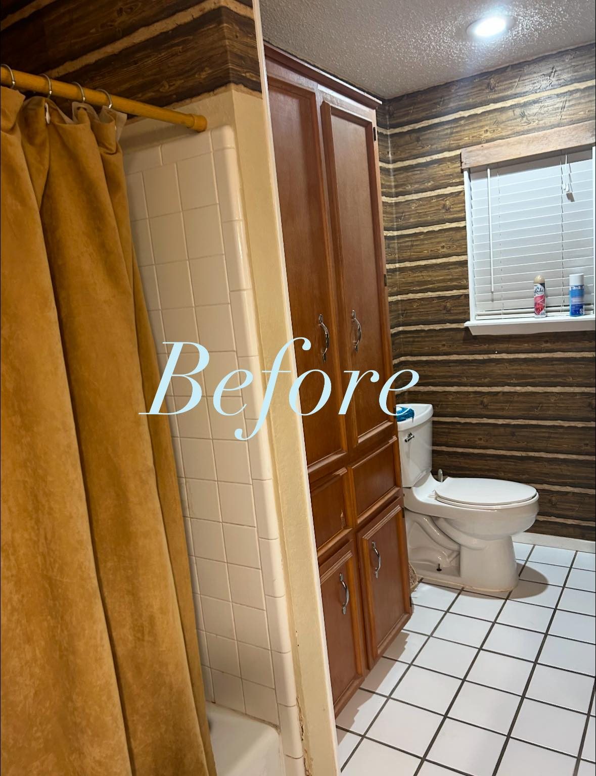 Bathroom shower before remodel with wood paneling and old fixtures