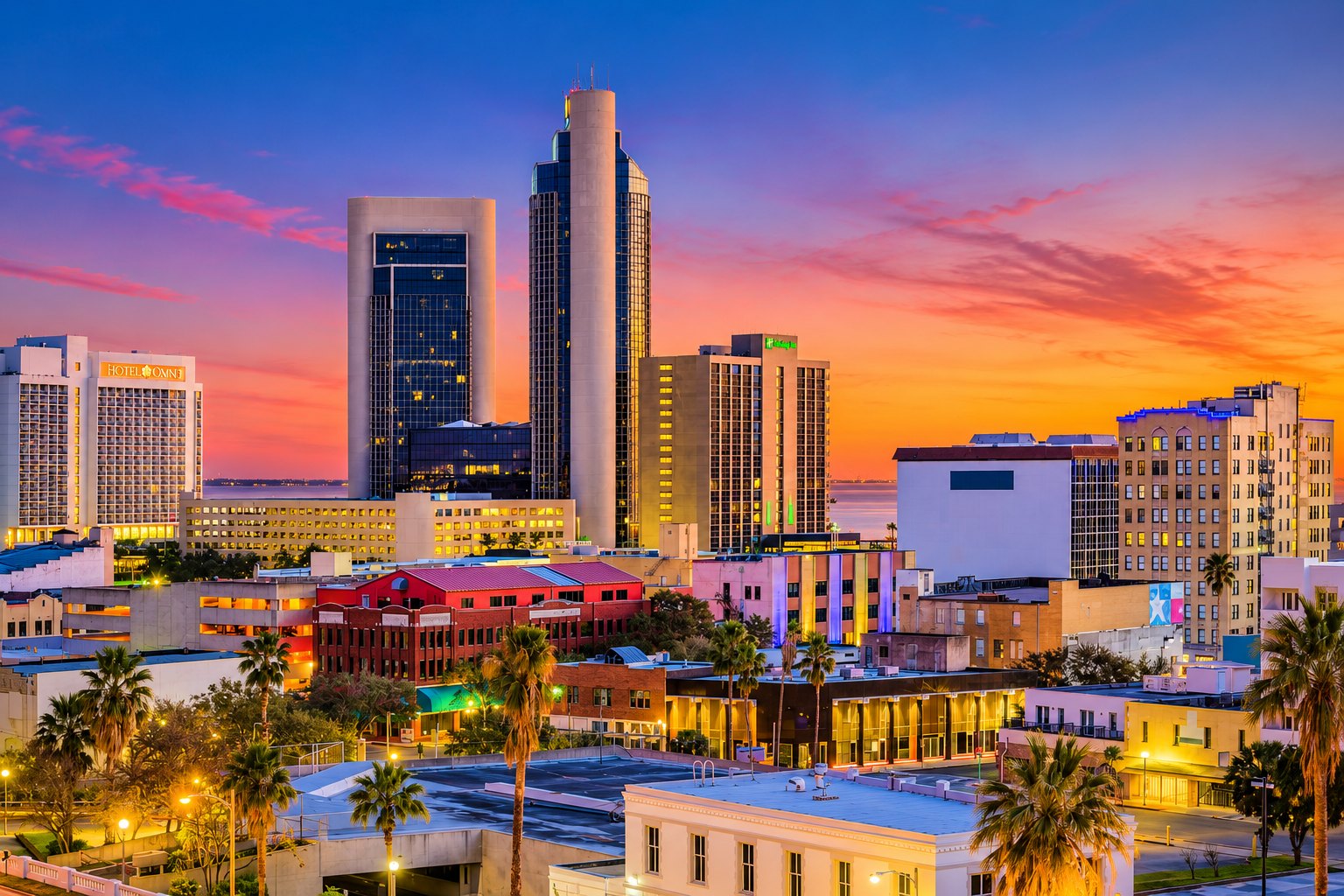 Downtown Corpus Christi, Texas skyline at sunset